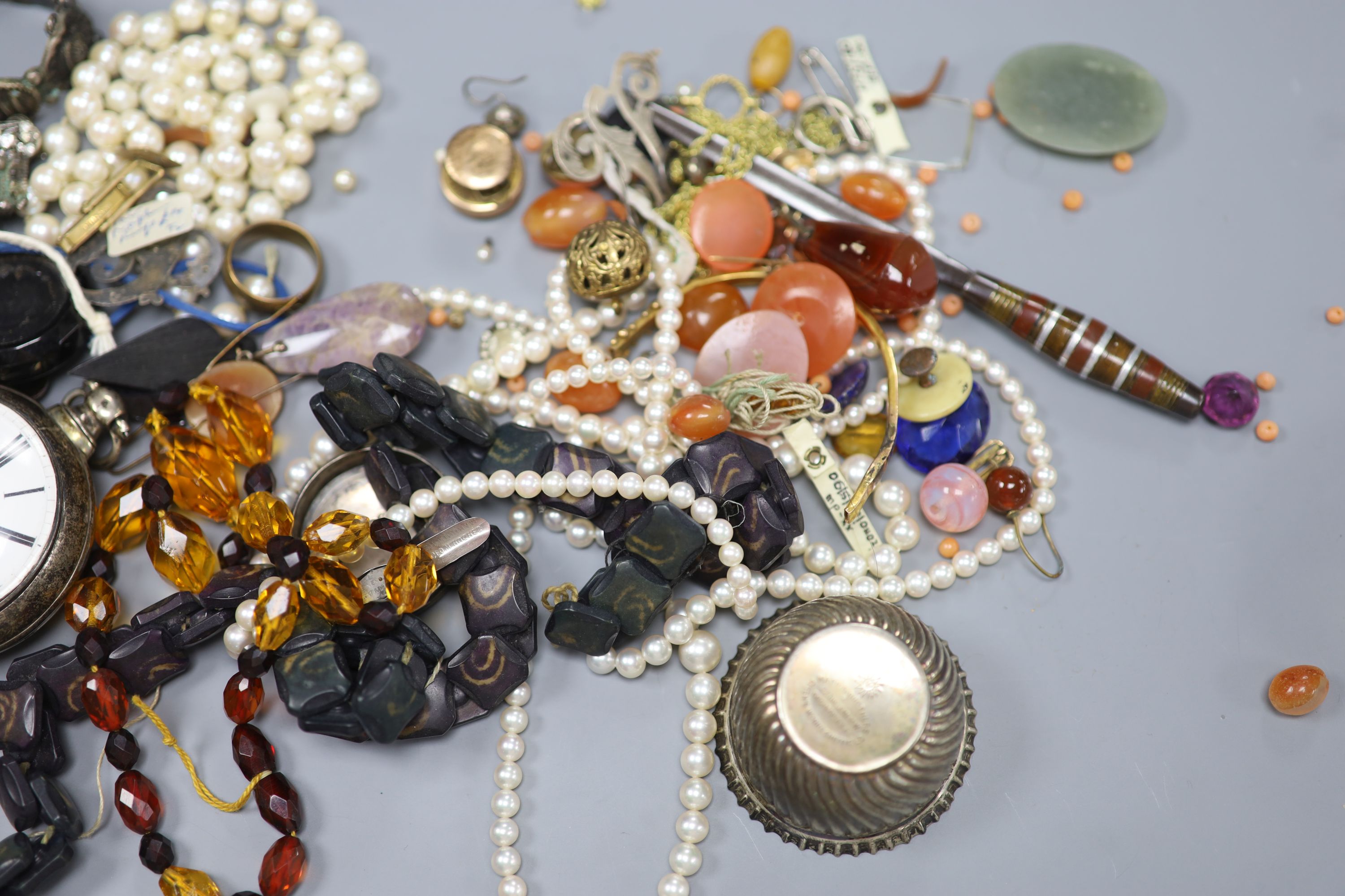 Mixed costume jewellery etc. including paste set giardinetto brooch, cut steel bangle, loose stones, silver pocket watch, etc.